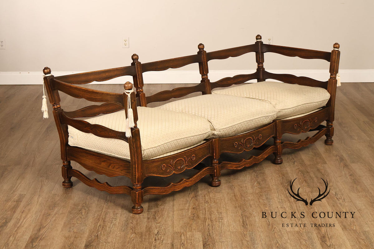 French Country Style Carved Oak Frame Three Seat Sofa