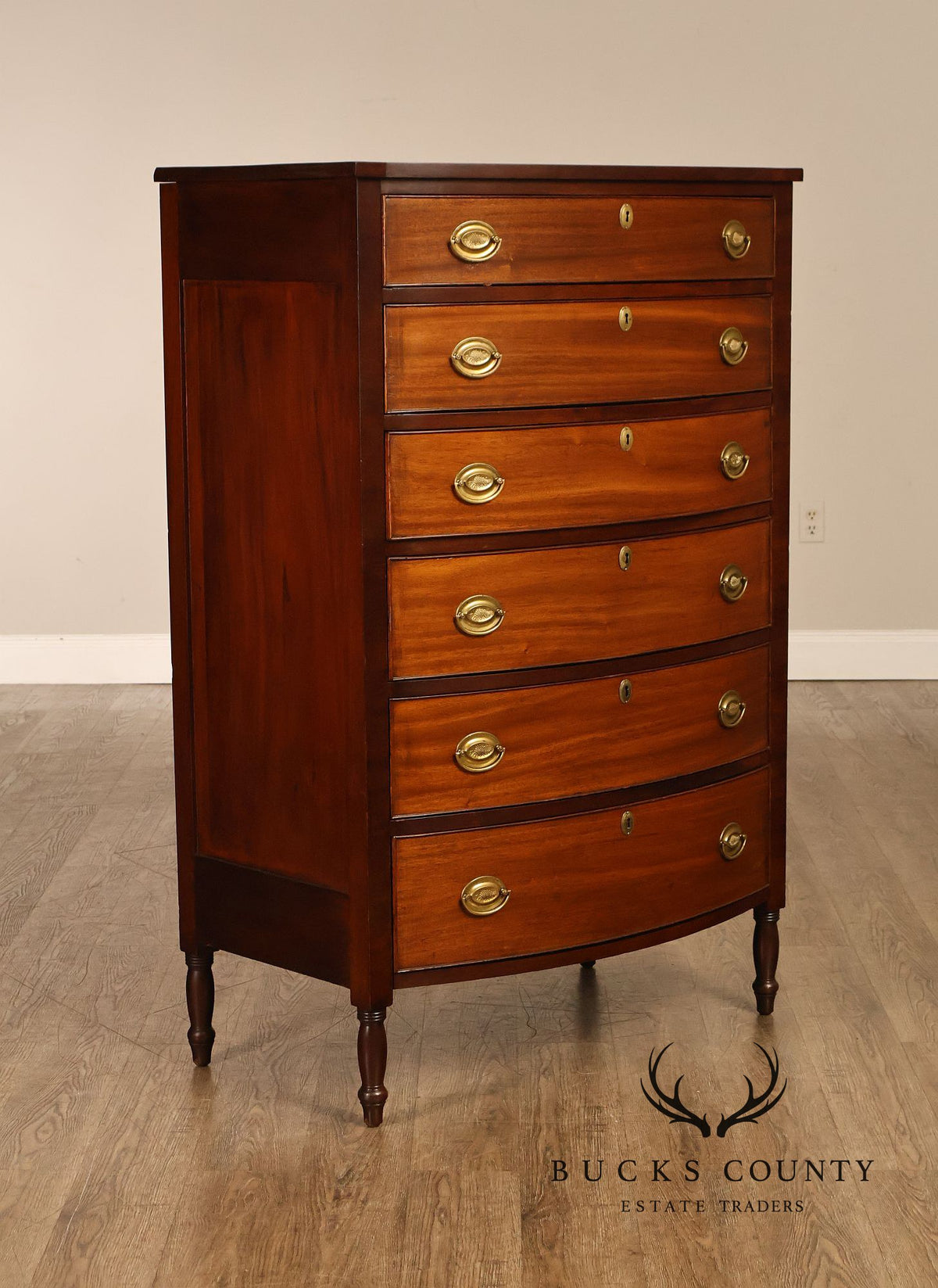 Antique Hepplewhite Style Mahogany Bow Front Six-Drawer Tall Chest