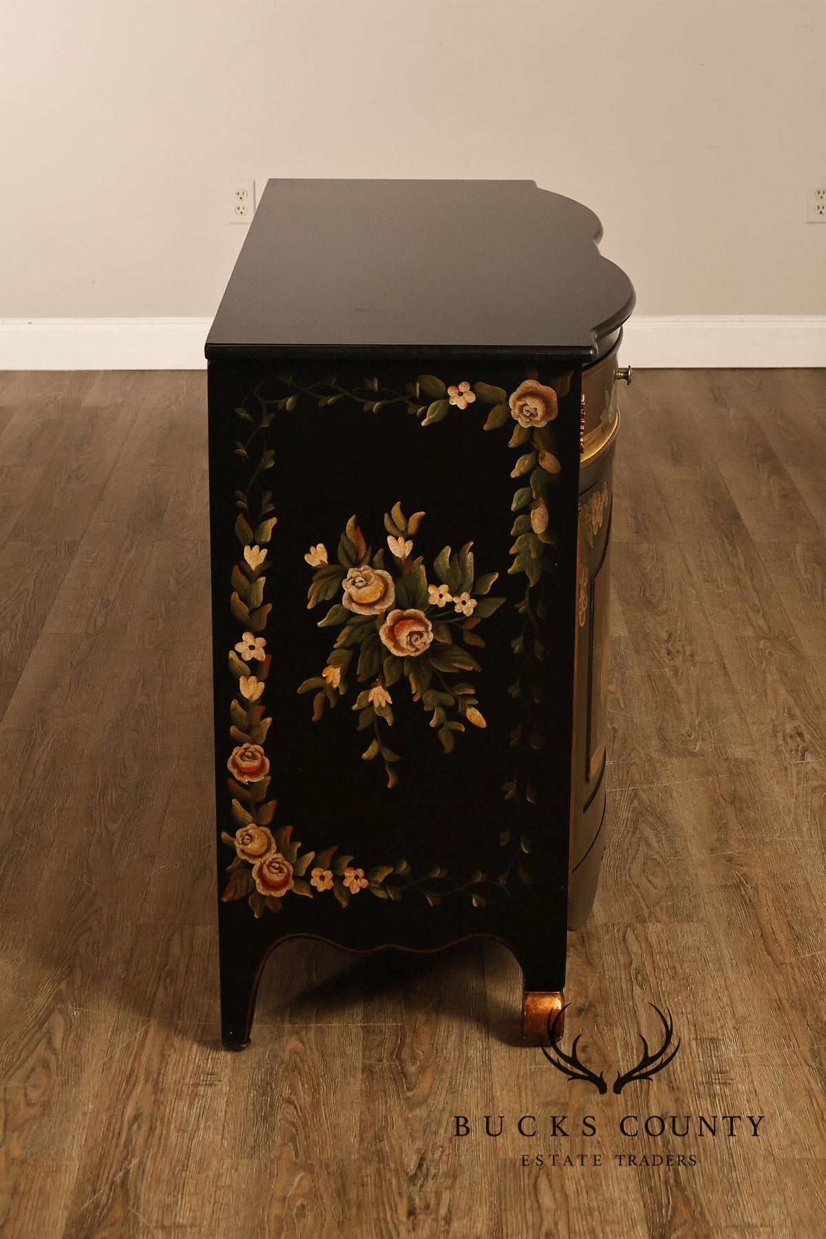 French Provincial Style Black Lacquer Hand-Painted Fruit Basket Sideboard