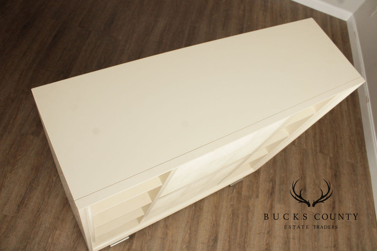 Modern White Lacquer Dry Bar Cabinet With Hidden Mahogany Interior And Rotating Shelves