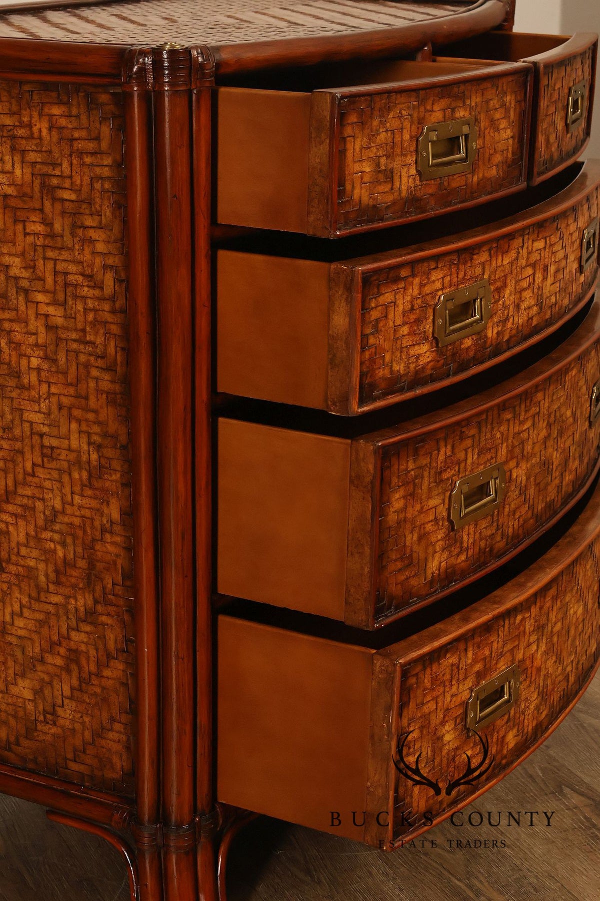 Maitland Smith Campaign Style Bowfront Rattan Chest