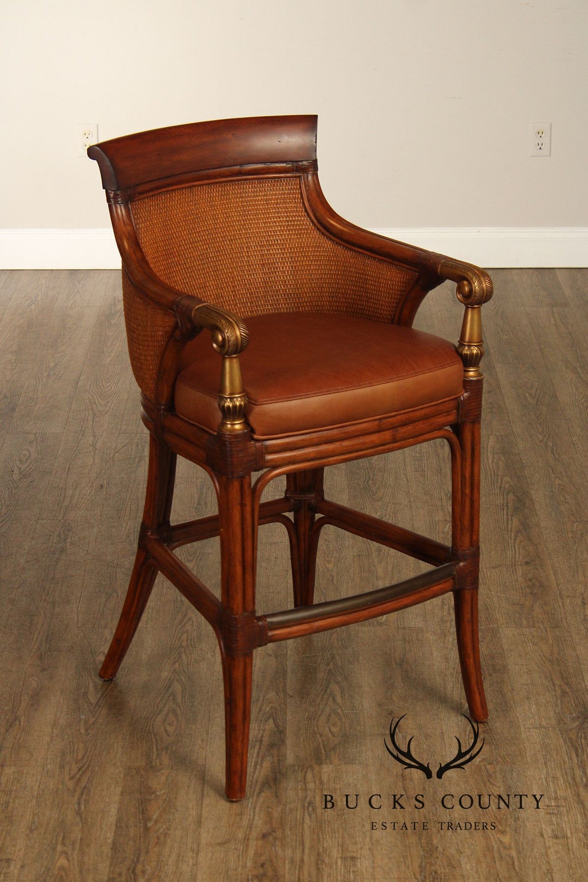 Pair Of Ethan Allen Leather And Rattan Bar Stools