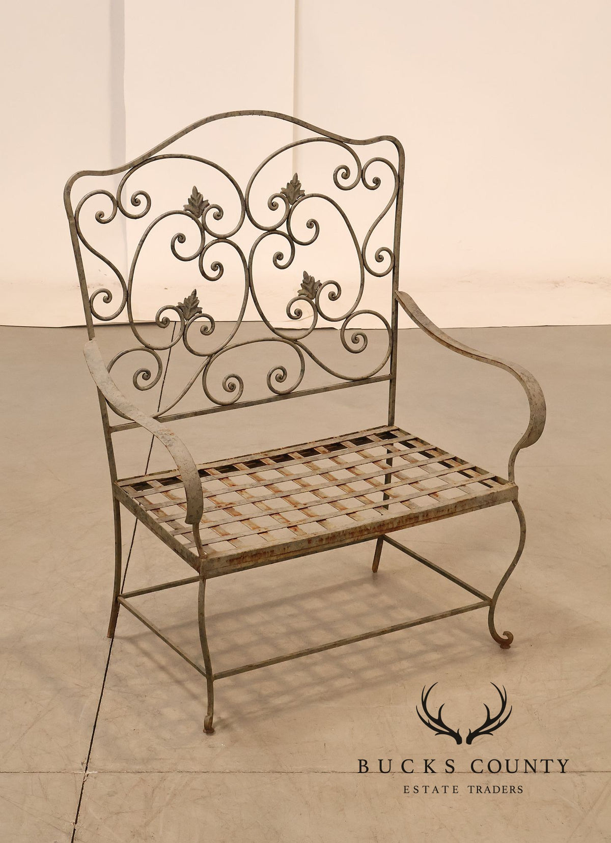 Vintage Wrought Iron Garden Bench With Scrollwork Back