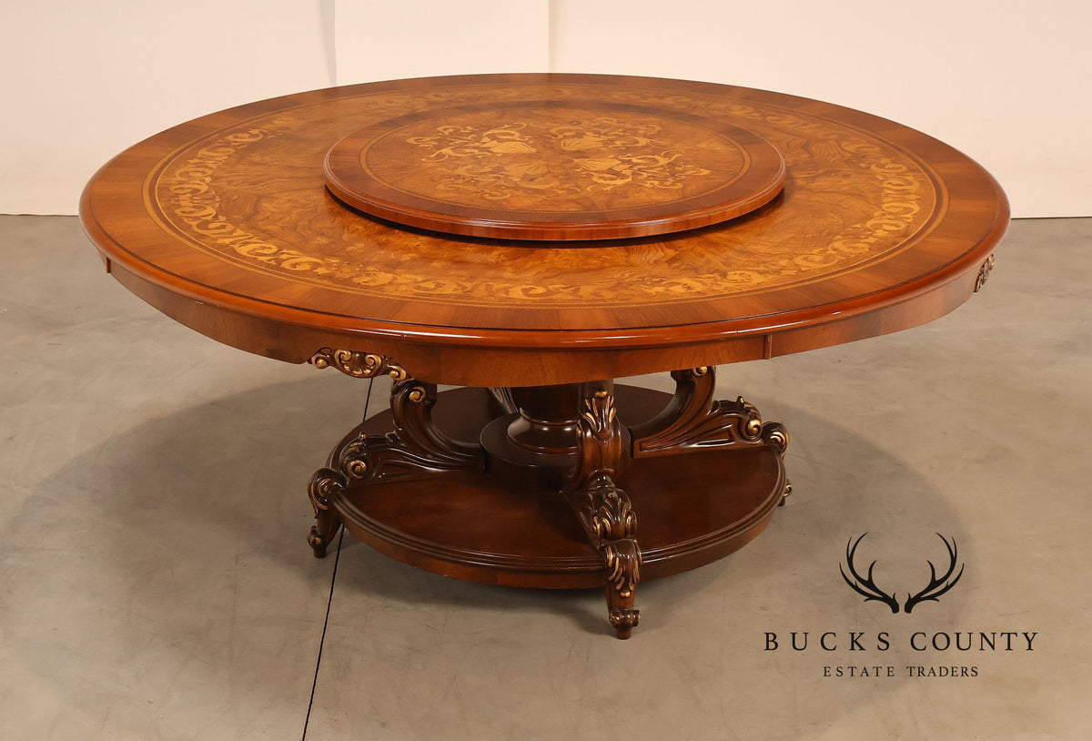 Italian 72" Round Inlaid Burl Wood Dining Table With Lazy Susan