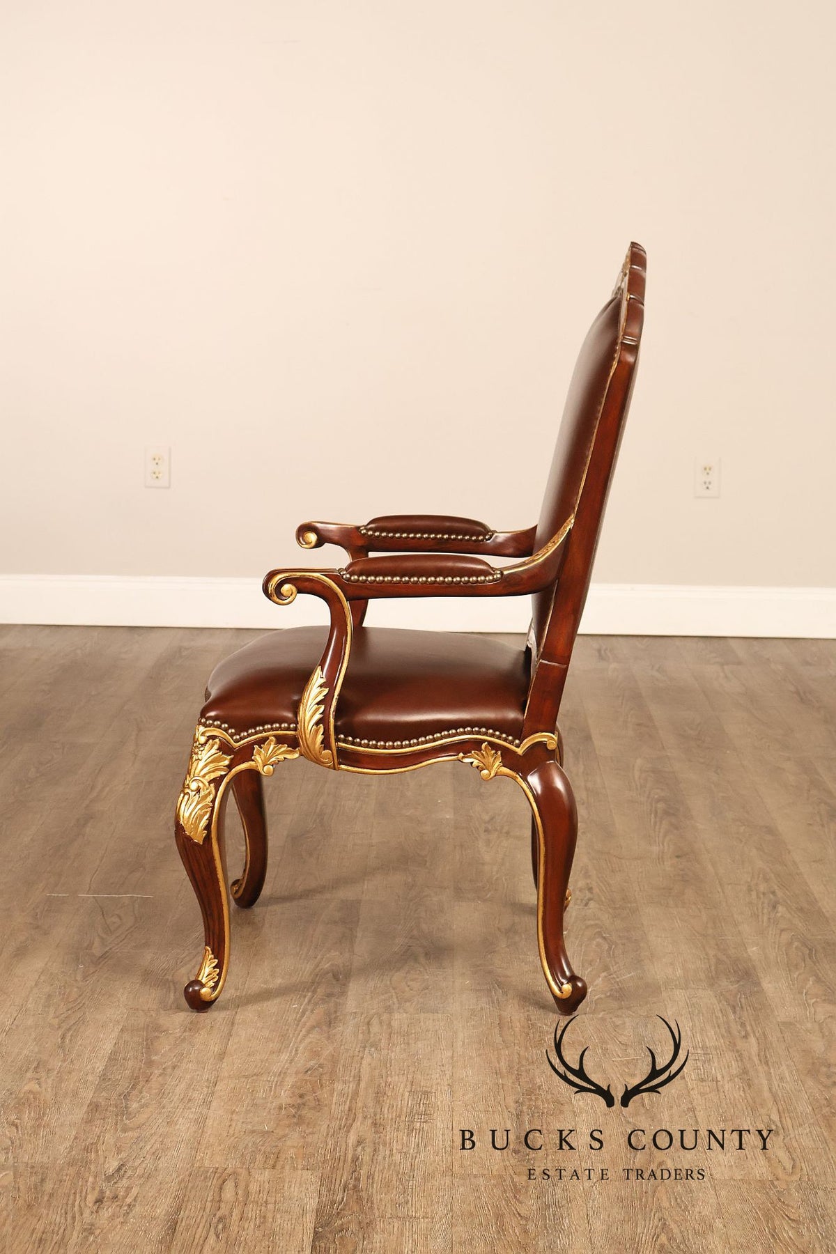 Scarborough House Pair Of French Rococo Style Gilt Mahogany Leather Upholstered Armchairs
