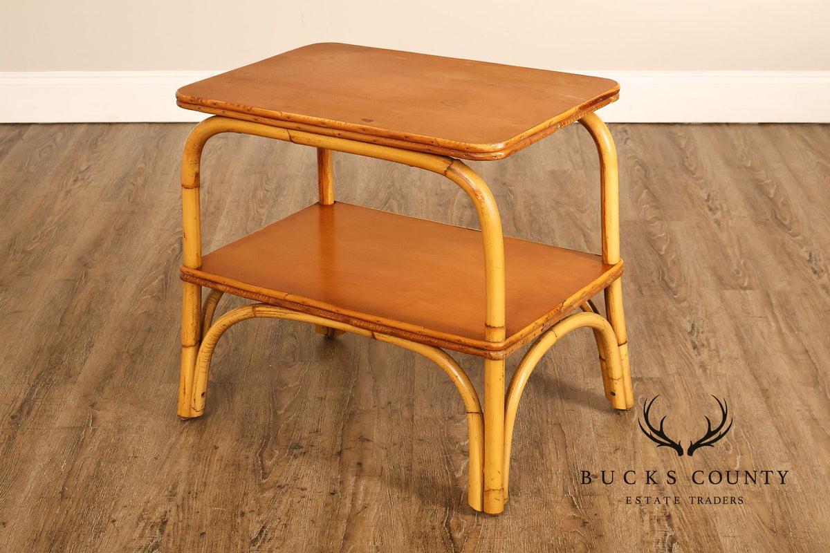 Vintage Mid Century Modern Two-Tier Bamboo End Table