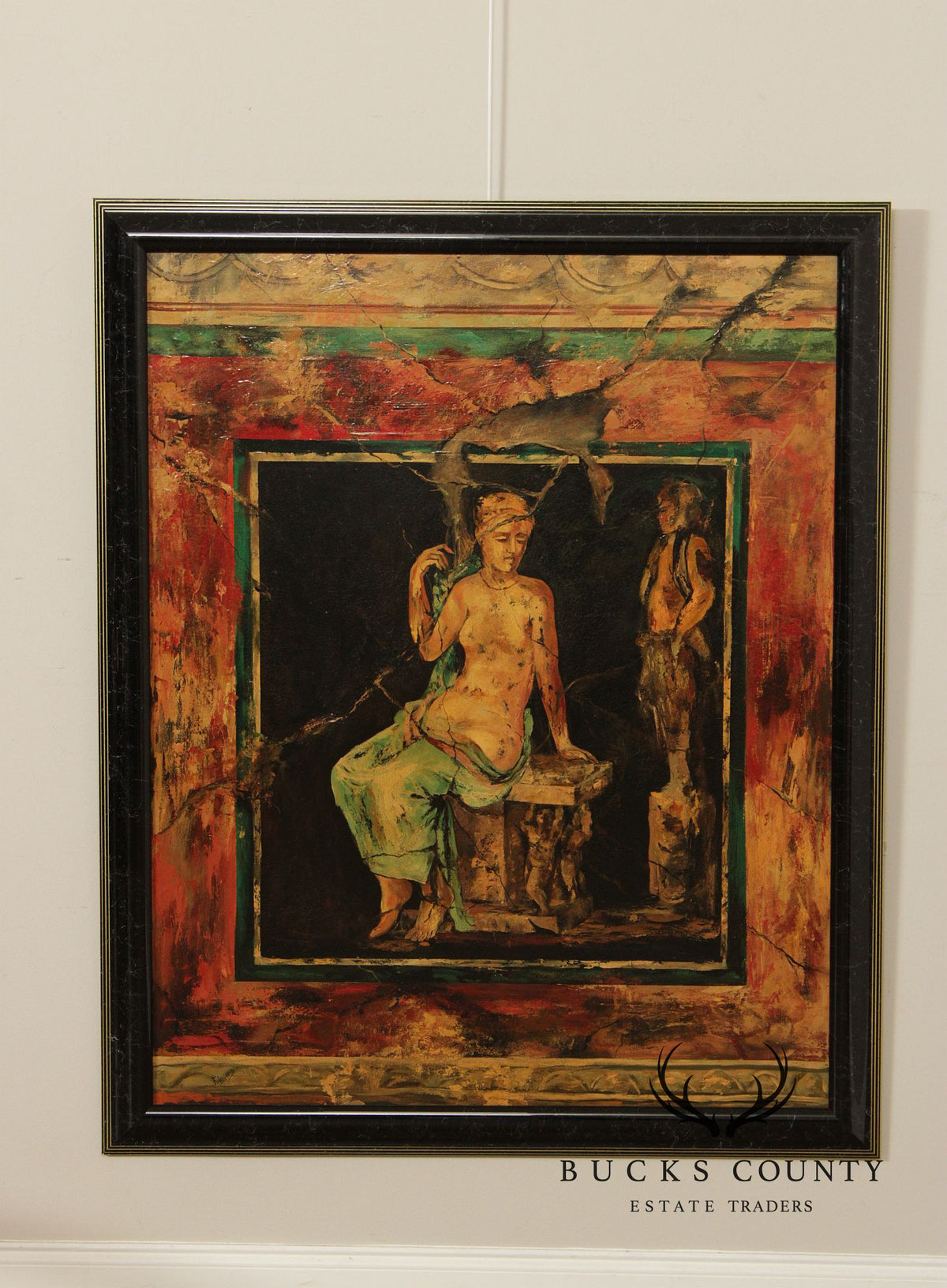 Roman Fresco Oil Painting Signed 'Fabriano' with Black Frame