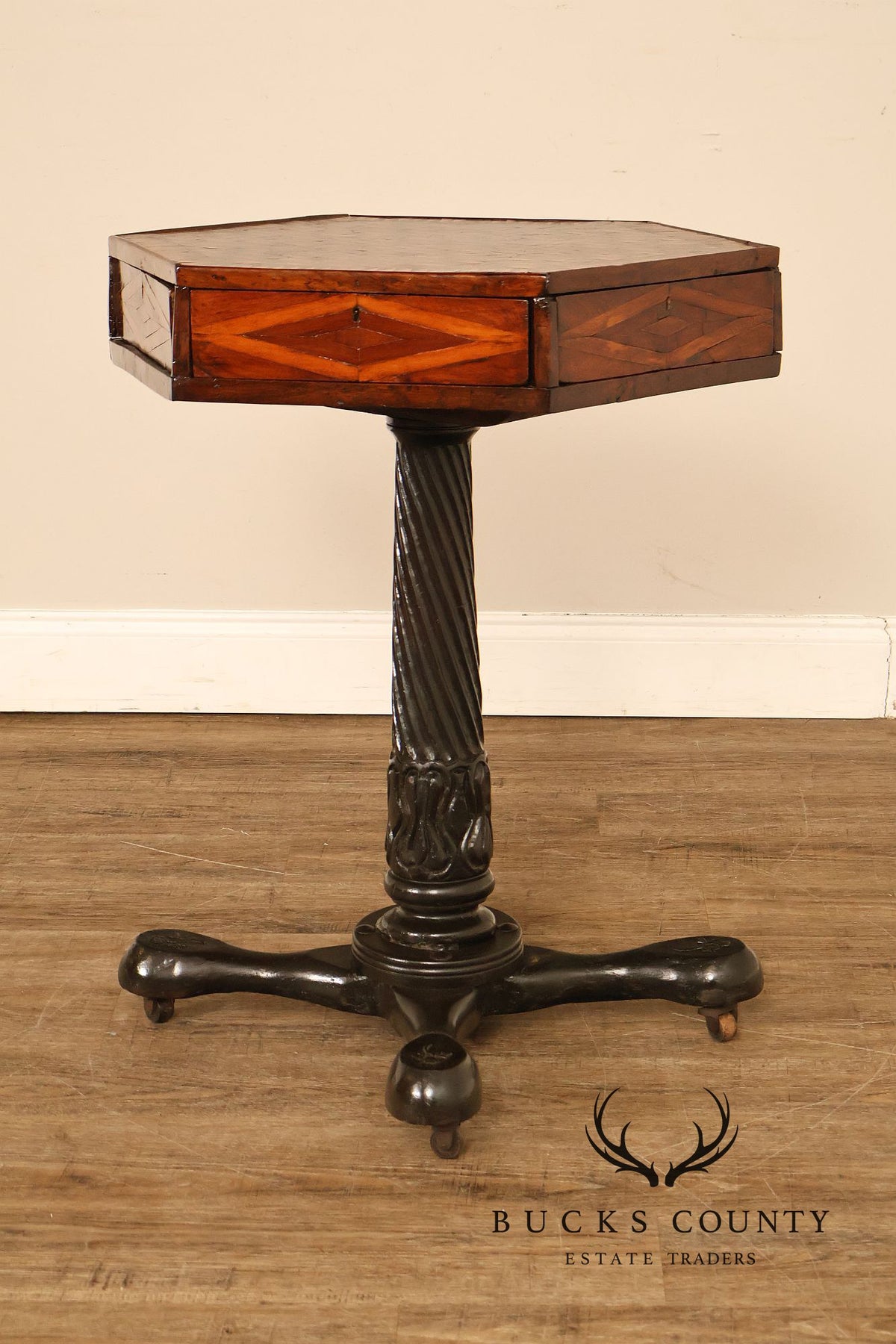 Antique British Colonial Game Table Geometric Wood Inlay