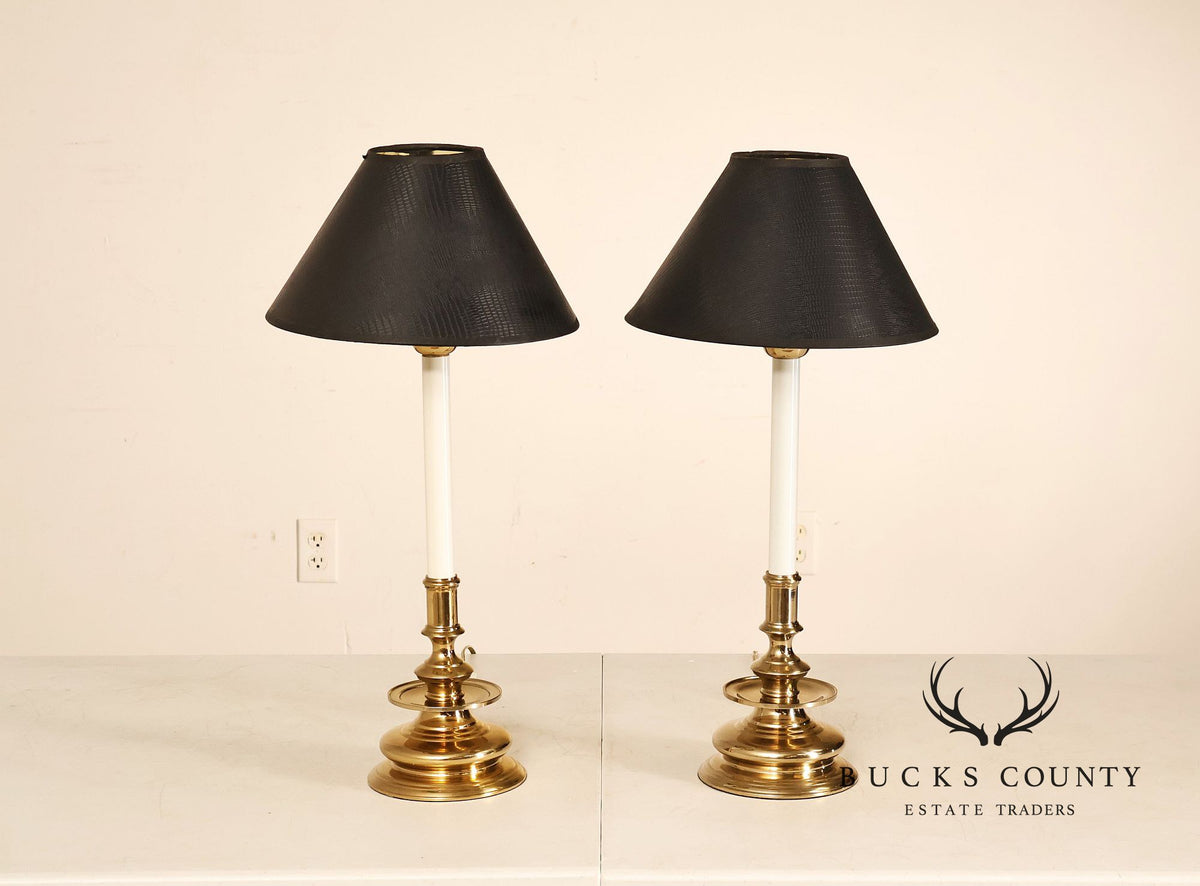 Pair of Brass Candlestick Style Table Lamps with Black Faux Alligator Shades