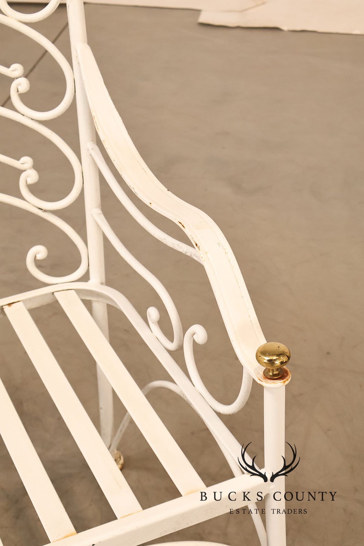 Woodard Vintage White Painted Wrought Iron Garden Bench With Scrollwork Back