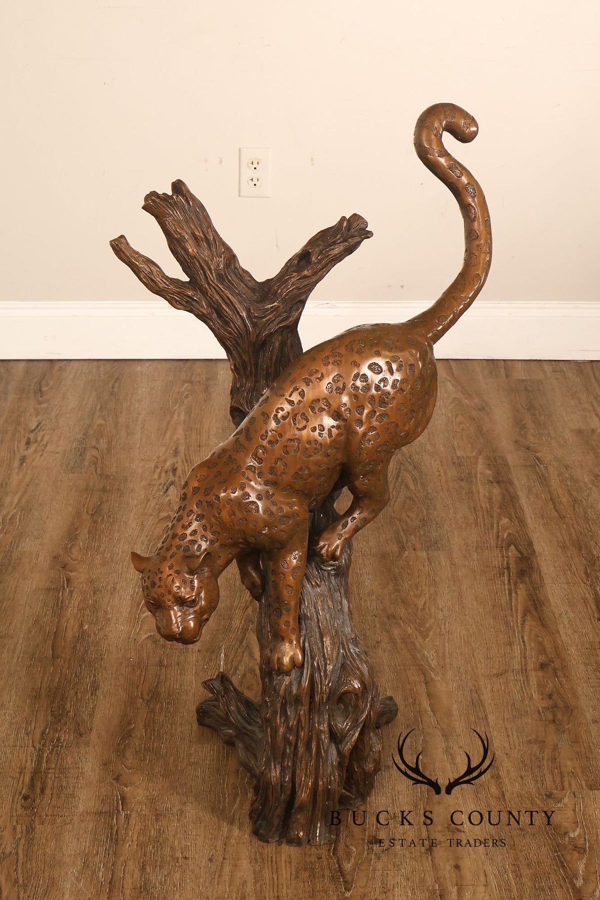 Large Bronze Leopard Sculpture On Tree Stump Base