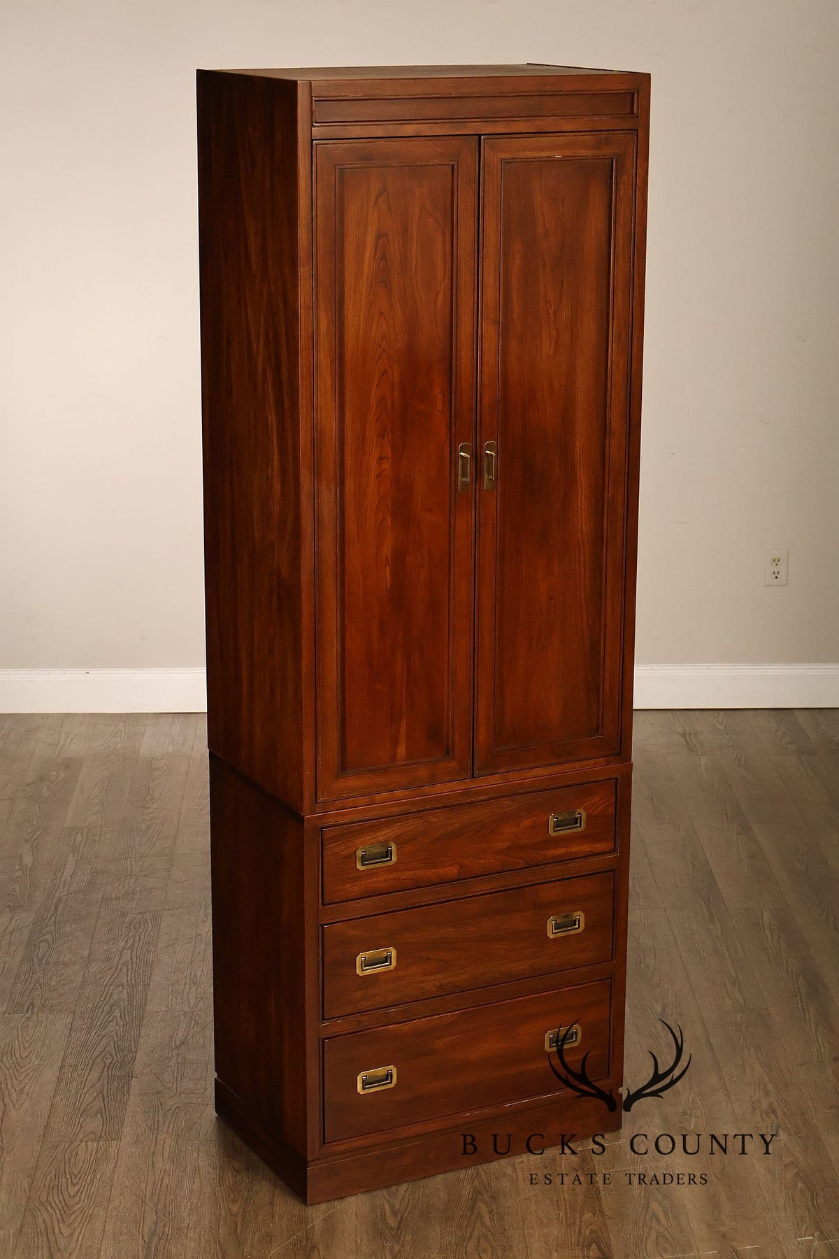 Ethan Allen Campaign Style Pair of Walnut Armoires
