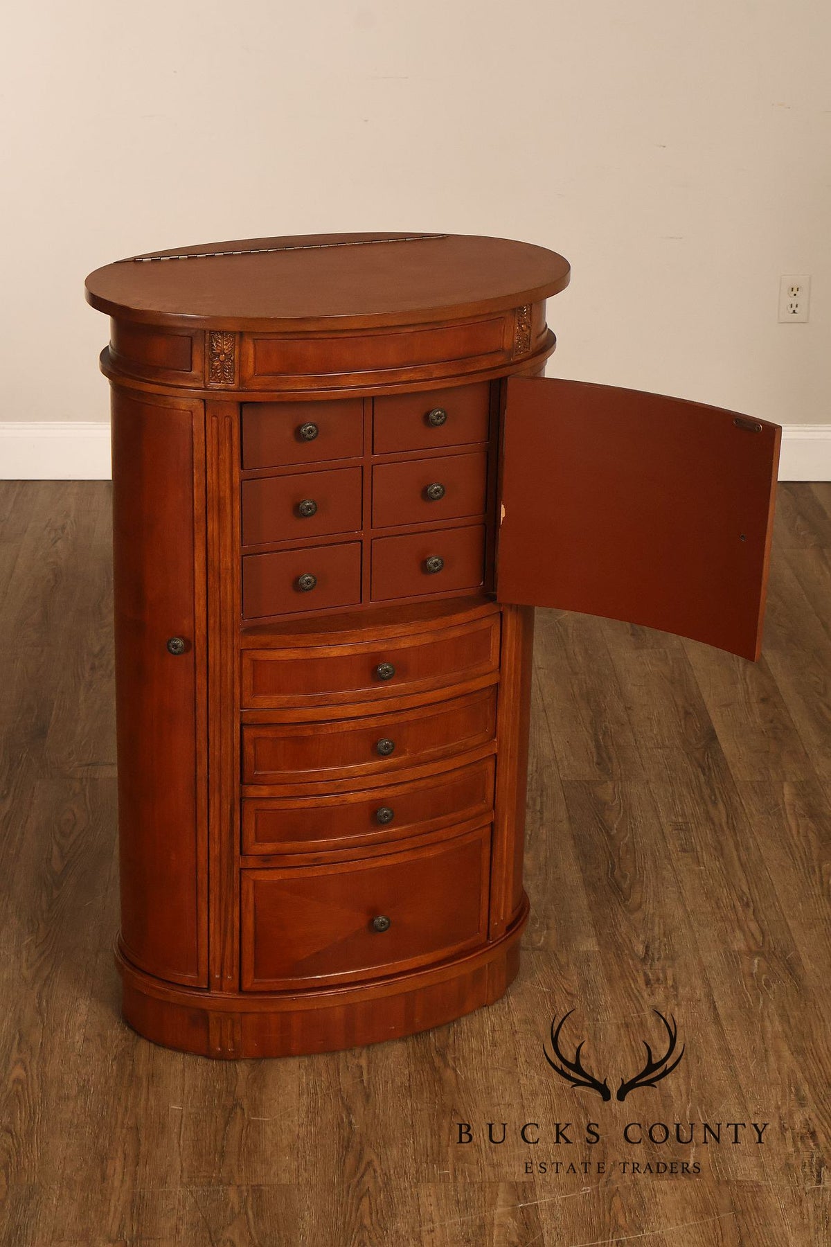 Oval Burl Wood Jewelry Armoire With Lift Top And Side Doors