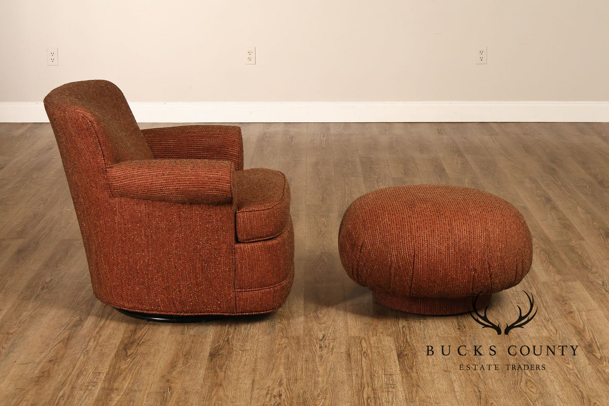 Leggett & Platt Pair Of Upholstered Swivel Glider Club Chairs With Round Ottoman