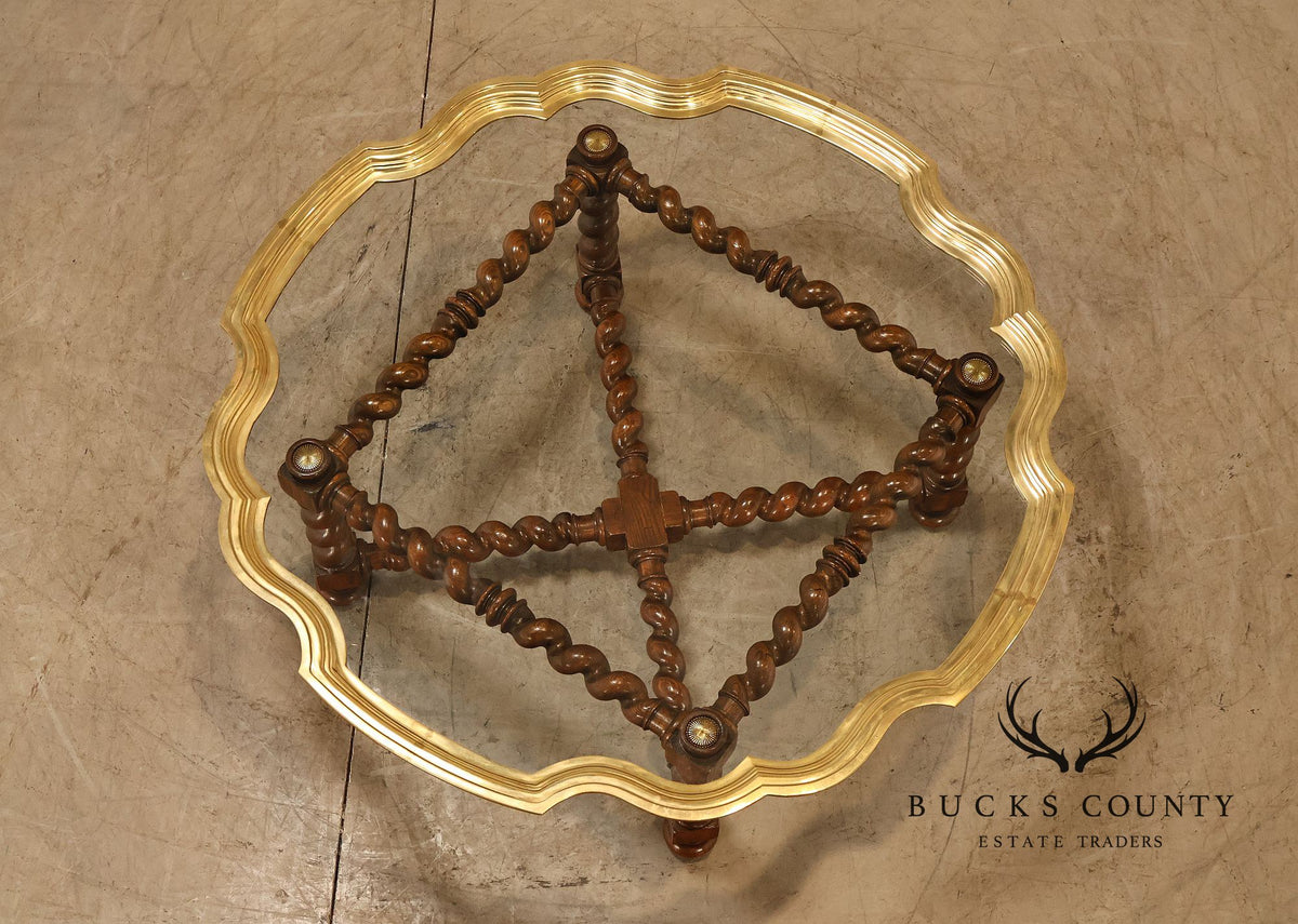 Baker Vintage Oak Barley Twist Scalloped Brass And Glass Top Coffee Table