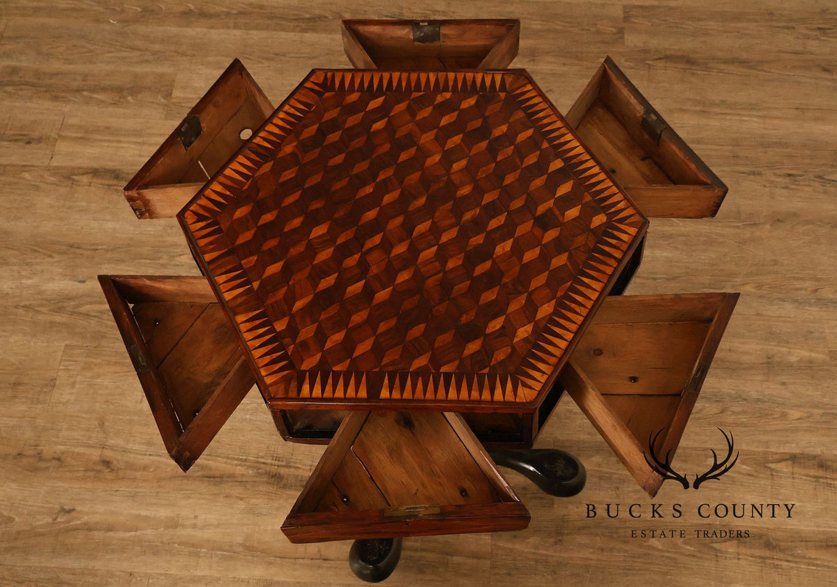 Antique British Colonial Game Table Geometric Wood Inlay