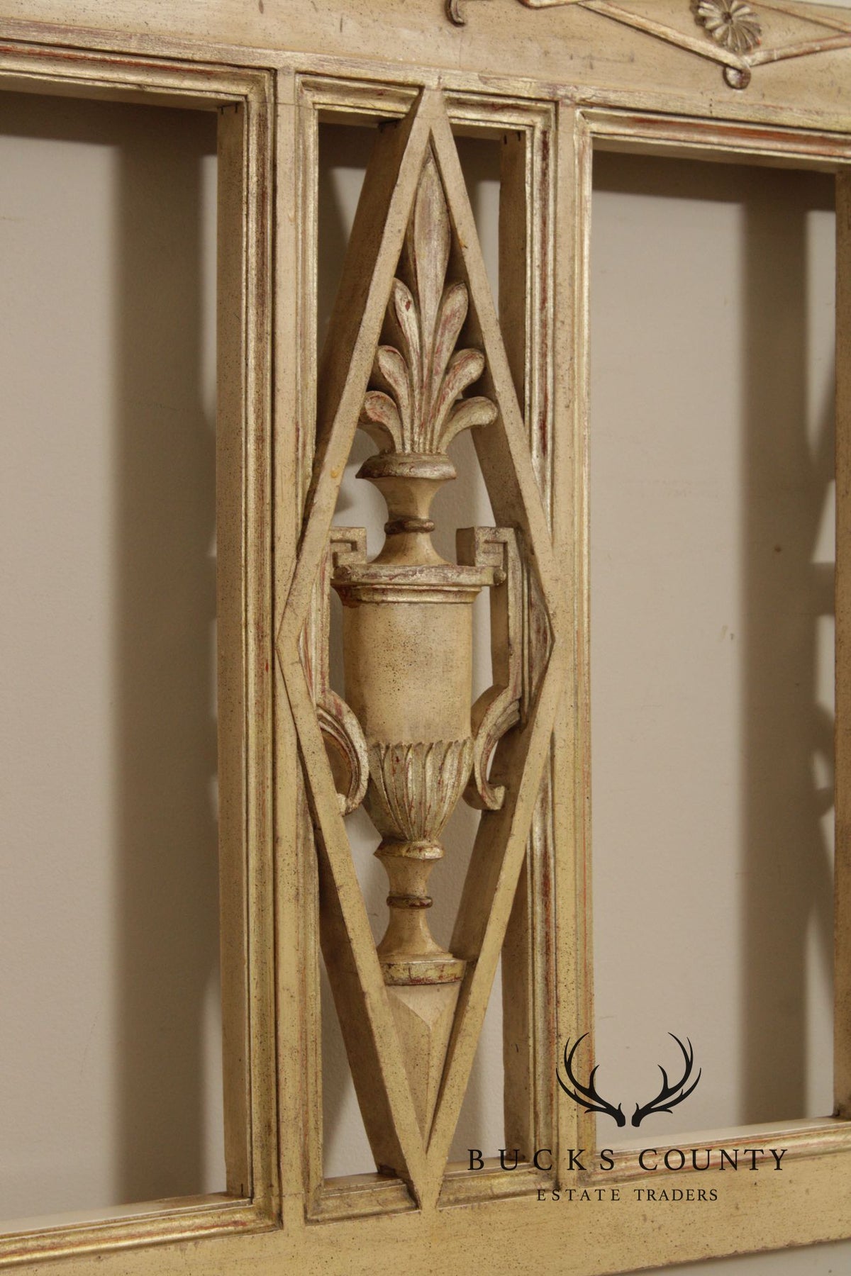 French Neoclassical Directoire Style Distress Painted King Headboard