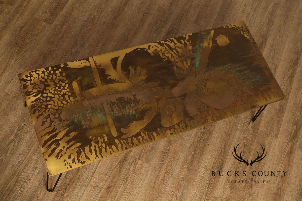 Mid Century Modern Acid Etched Brass Top Coffee Table With Hairpin Legs