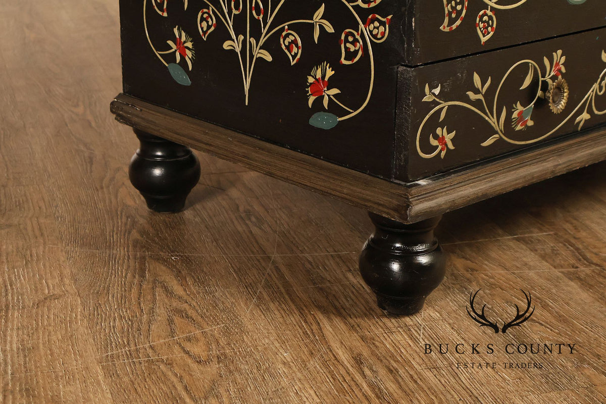 Hand Painted Black Floral Decorated Blanket Chest With Drawer