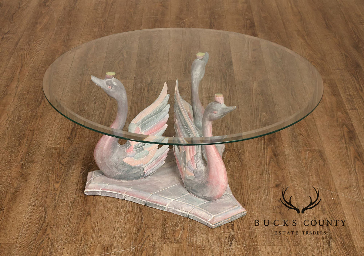 Hollywood Regency Style Swan Form Round Glass Top Center Table