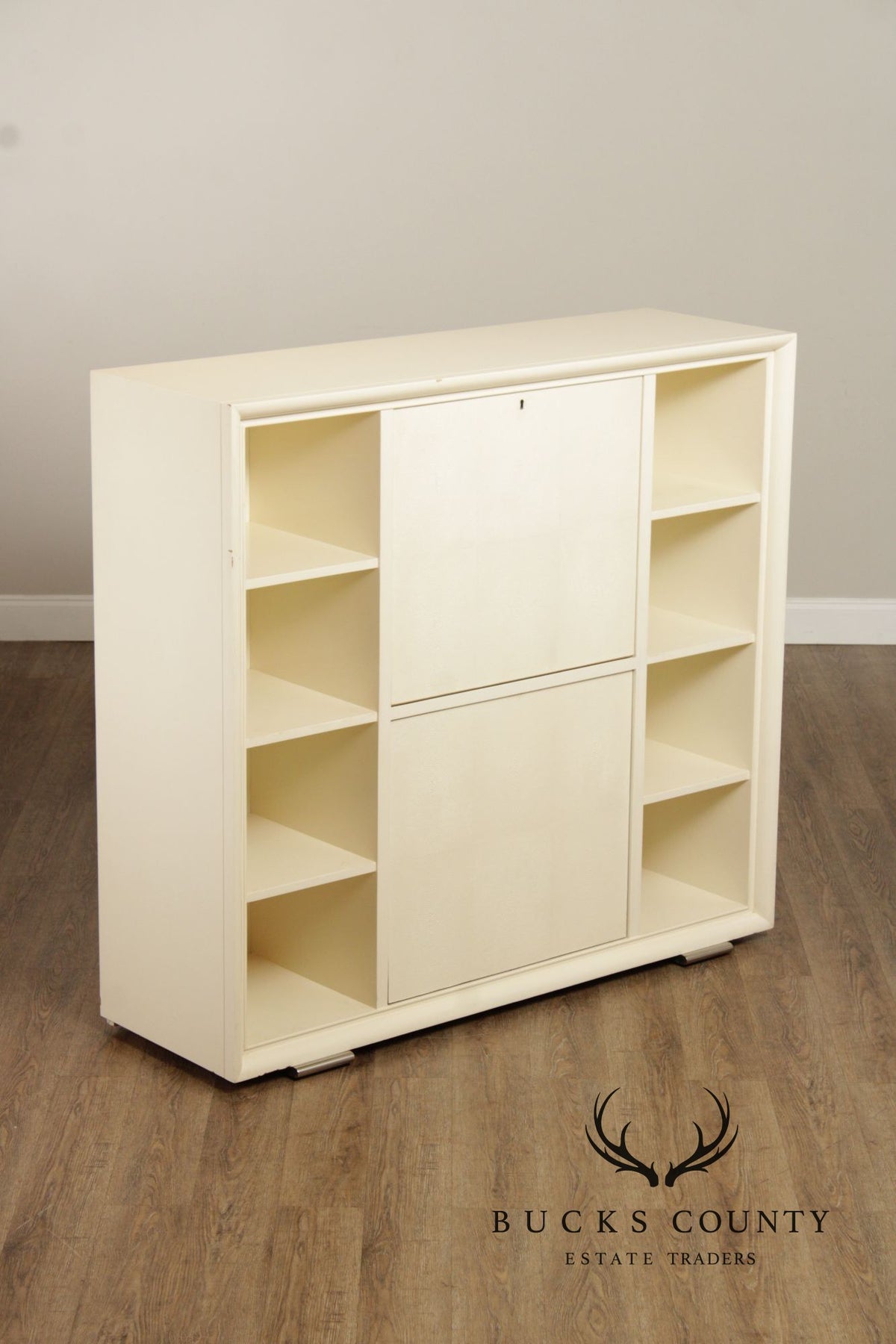 Modern White Lacquer Dry Bar Cabinet With Hidden Mahogany Interior And Rotating Shelves
