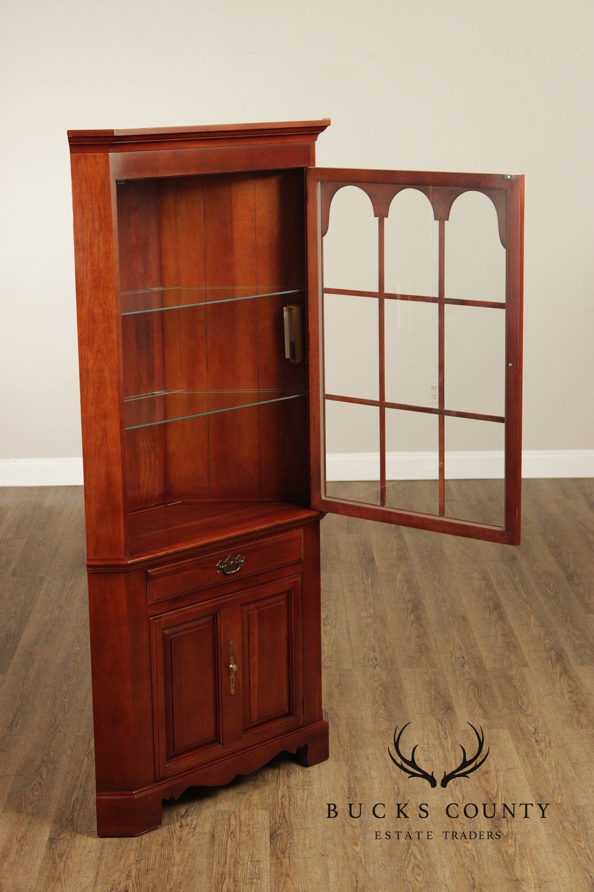 J.B. Van Sciver Traditional Pair Of Cherry Lighted Corner Cabinets