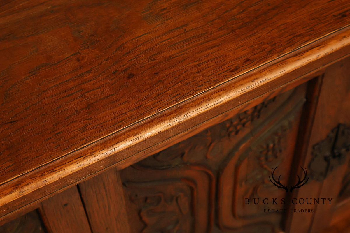 Vintage Spanish Revival Carved Oak Cabinet With Iron Hardware
