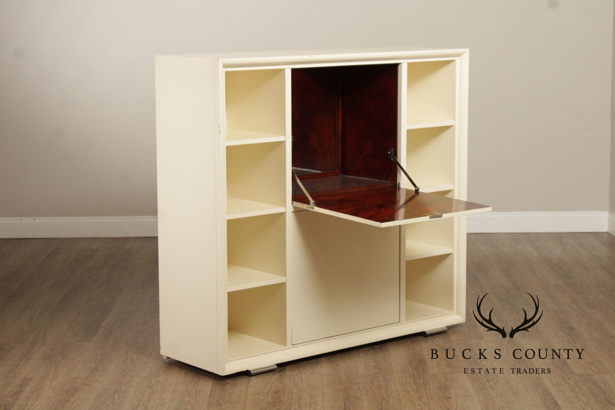 Modern White Lacquer Dry Bar Cabinet With Hidden Mahogany Interior And Rotating Shelves