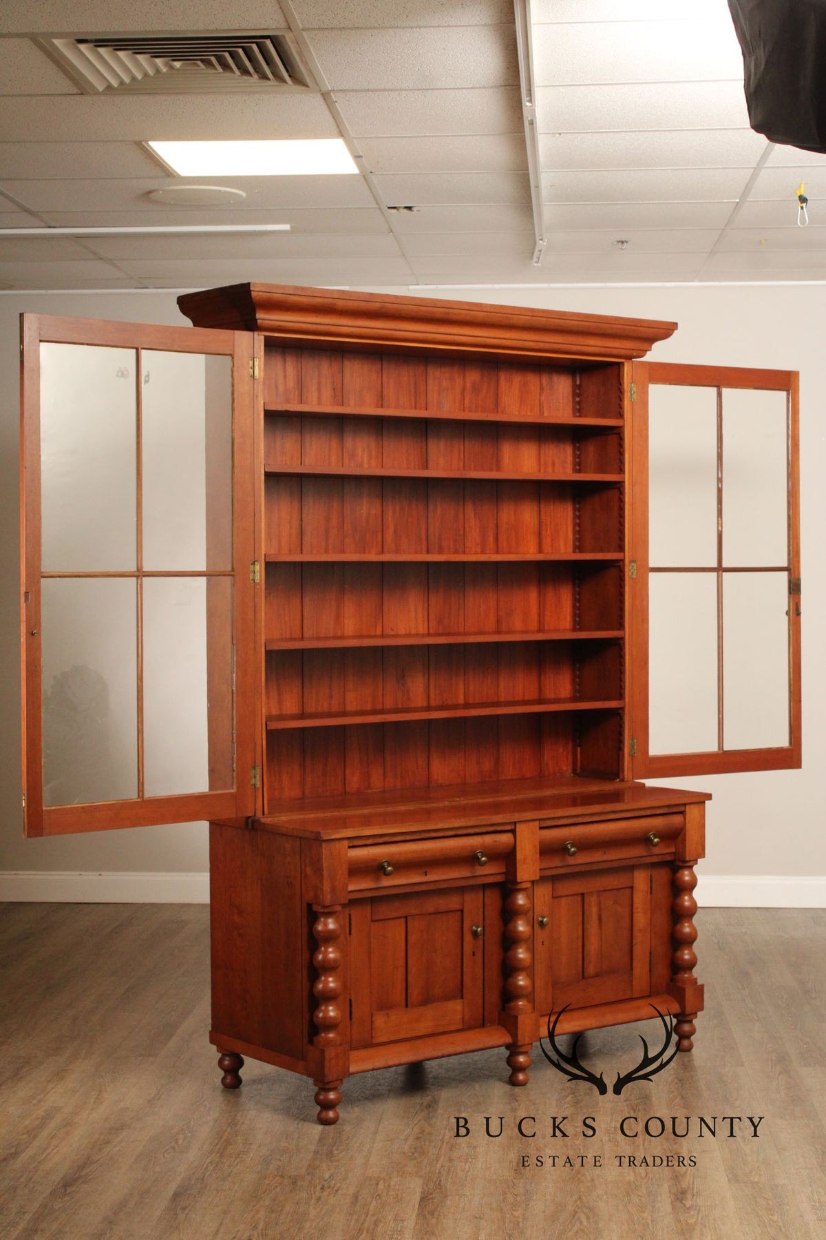 Antique American Empire Large Cherry Stepback Bookcase