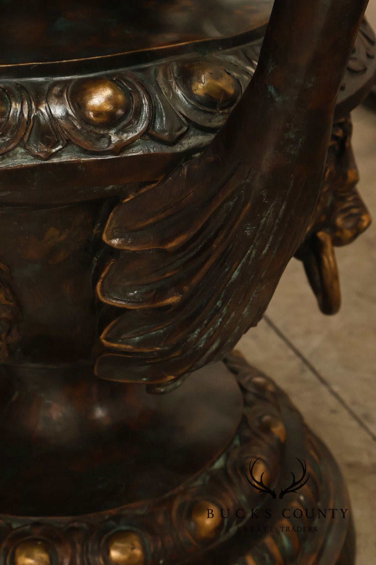 Monumental Brass Urn Form  Double Pedestal Glass Top Dining Table