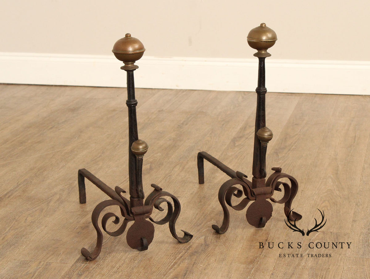 Antique Pair of Forged Iron and Brass Fireplace Andirons