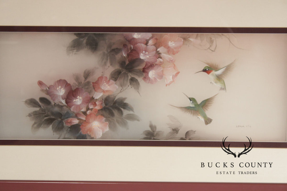 Lena Liu Chinese Pair of Bird and Flower Paintings on Silk