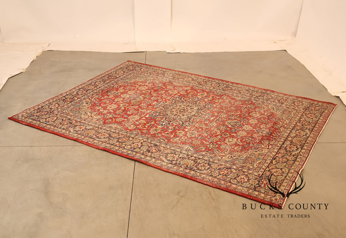 Hand Knotted Persian Style Vintage Wool Area Rug Red Field Floral Medallion