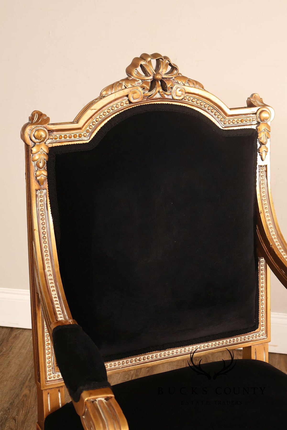 Louis XVI Style Giltwood Armchair With Black Upholstery