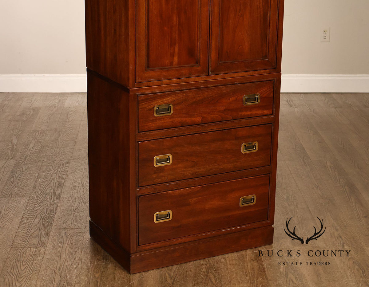 Ethan Allen Campaign Style Pair of Walnut Armoires