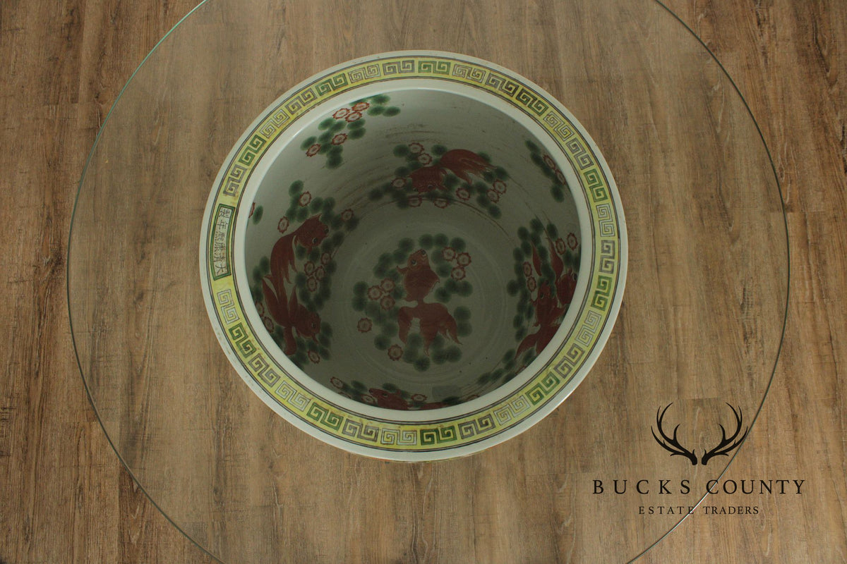 Chinese Glass Top Enameled Porcelain Fishbowl Planter on Stand