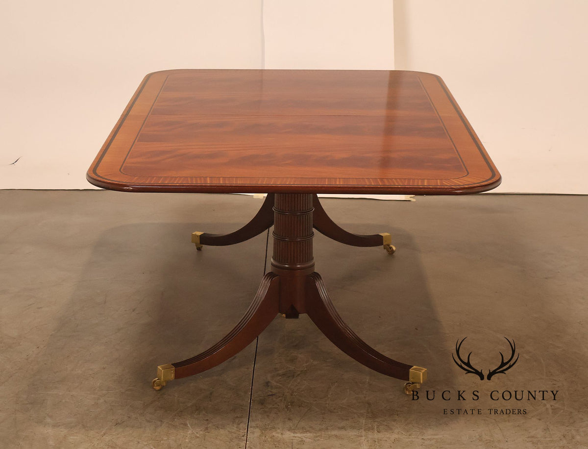 Baker Furniture Mahogany Banded Double Pedestal Extension Dining Table With Three Leaves