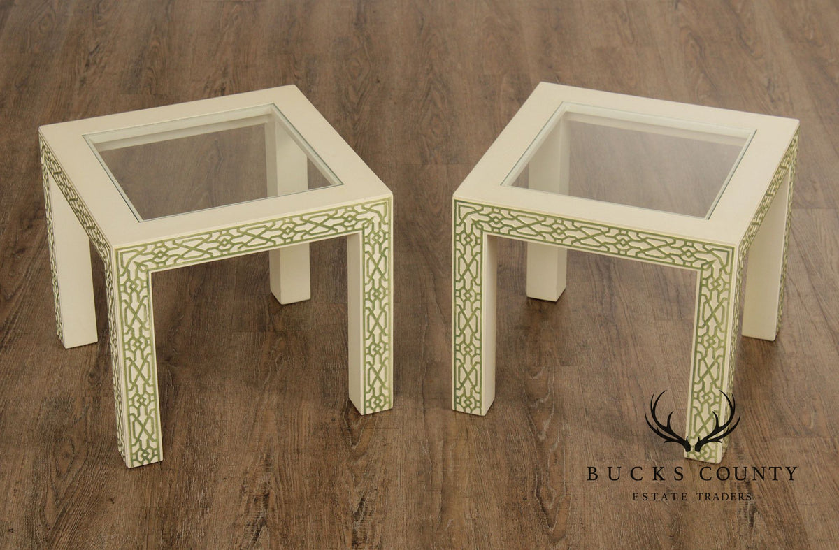 Hollywood Regency Pair Of Lacquered Greek Key Glass Top End Tables