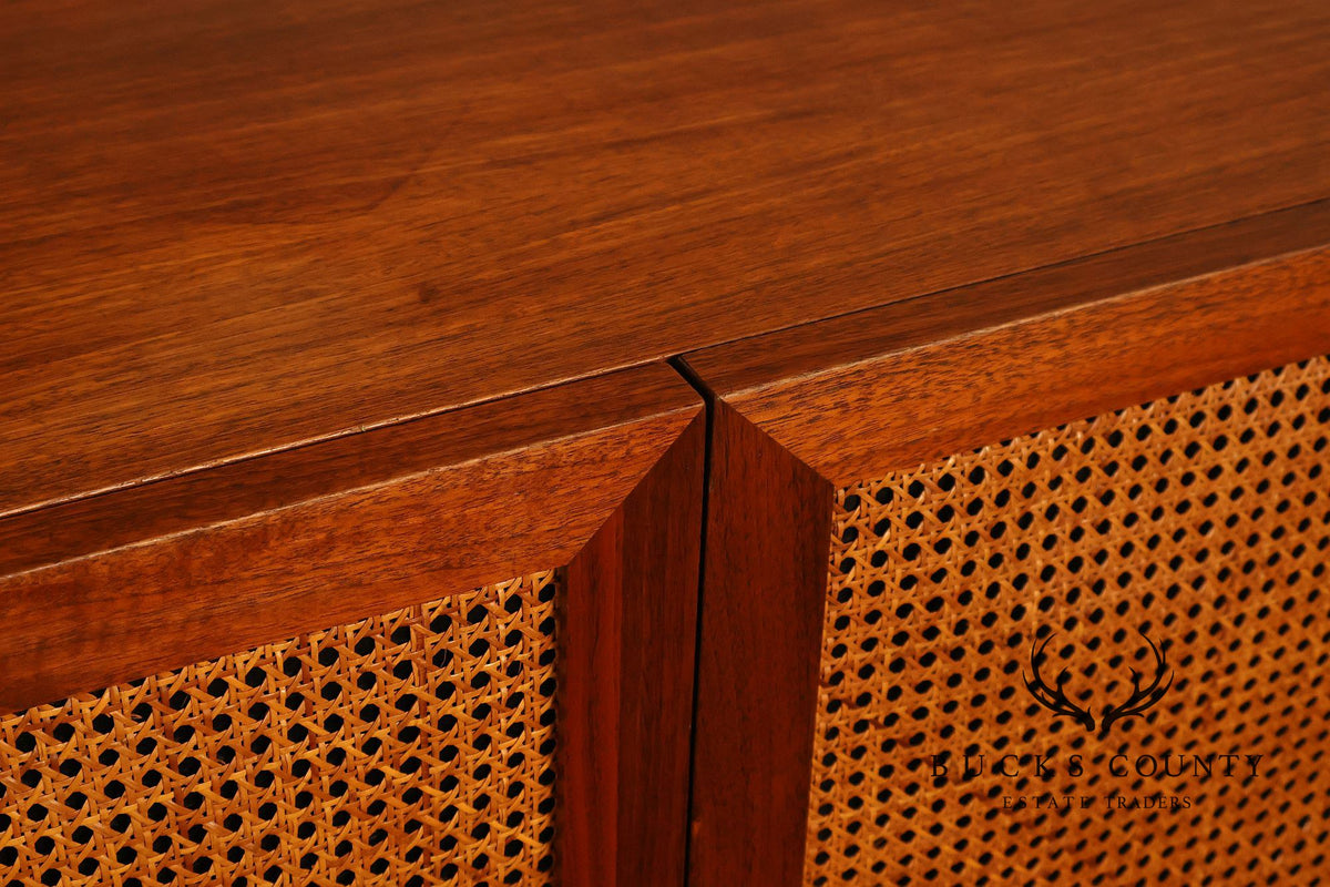 Mid-Century Modern Walnut Cane-Front Storage Cabinet