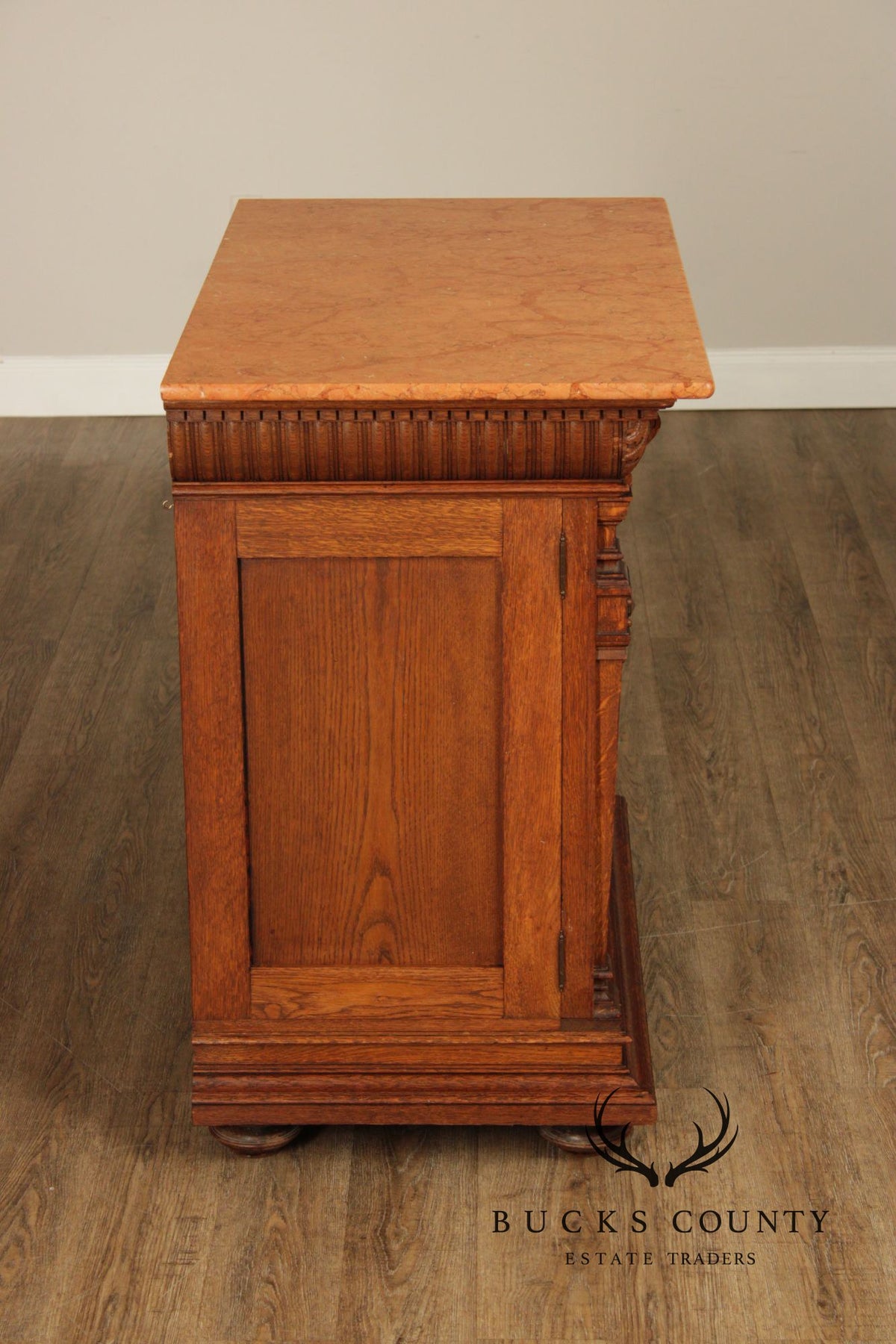 Antique German Renaissance Revival Carved Oak Marble Top Cabinet