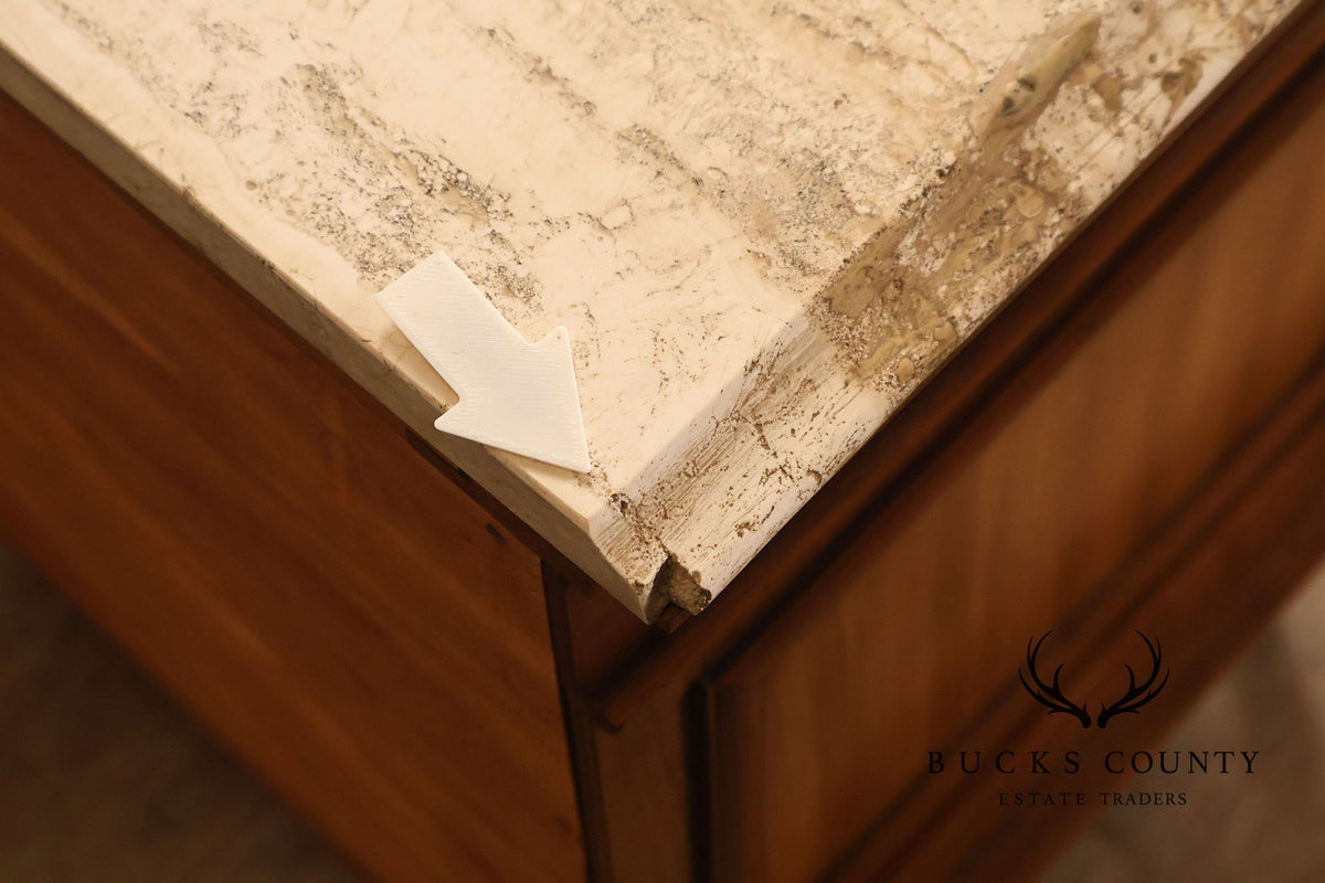 Pair Of Neoclassical Style Travertine Top Three Drawer Nightstands