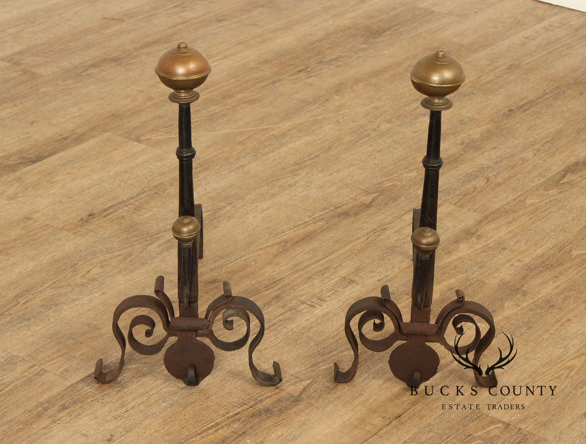 Antique Pair of Forged Iron and Brass Fireplace Andirons
