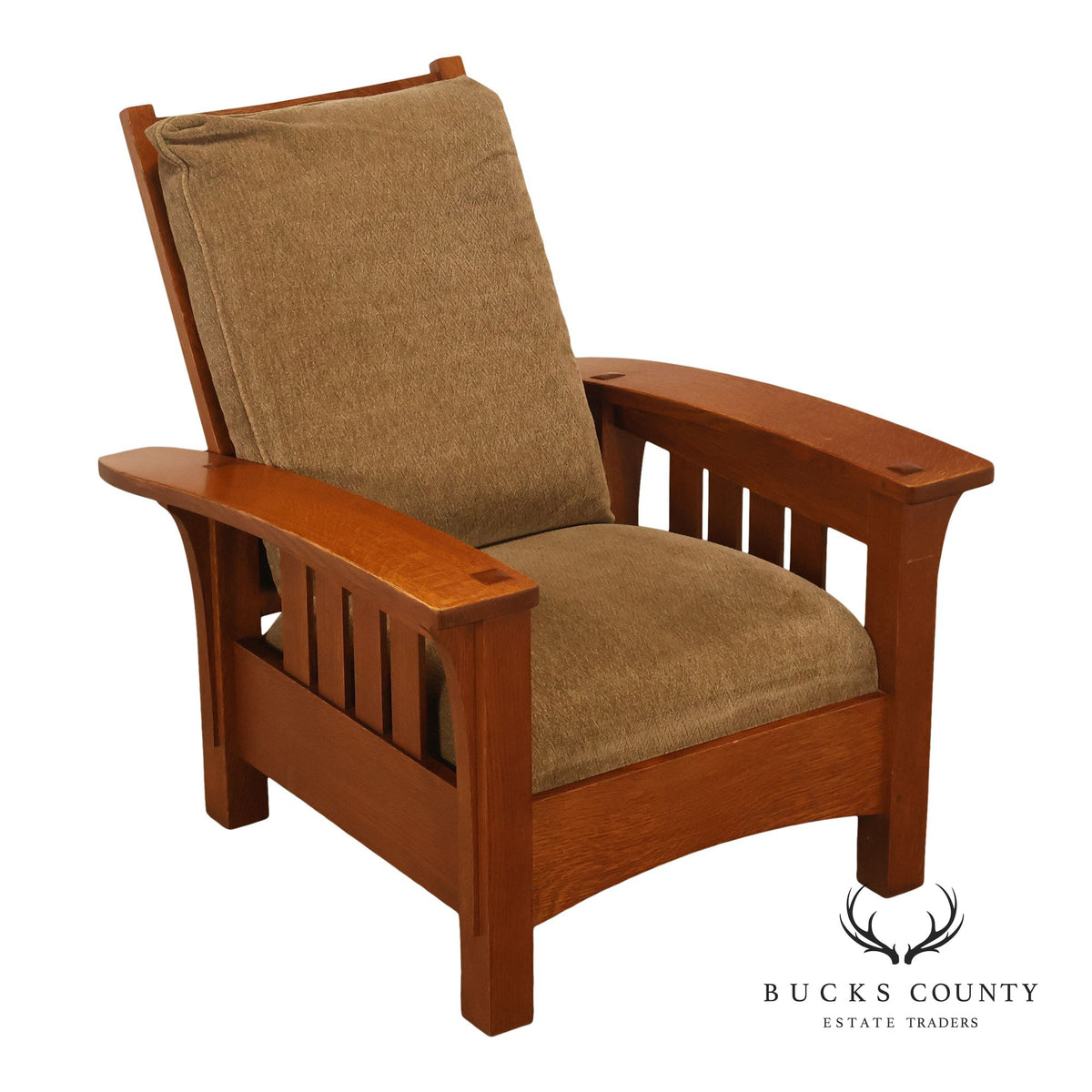 Stickley Mission Collection Oak And Custom Upholstery Bow Arm Morris Chair
