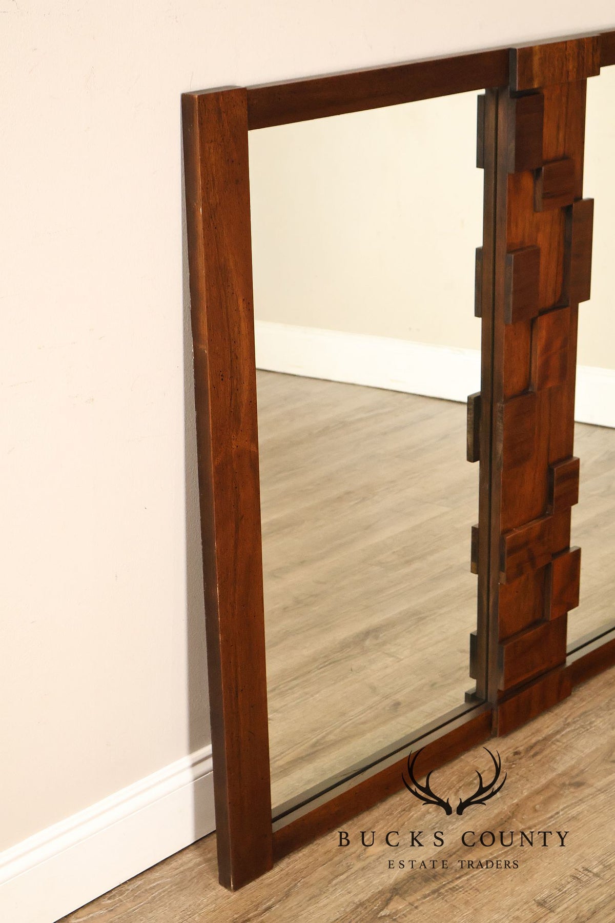 Lane Mid-Century Modern Brutalist Walnut Geometric Wall Mirror