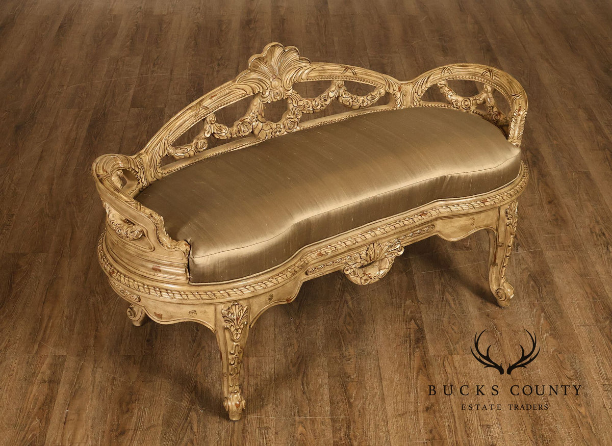 French Louis XV Style Carved Painted Upholstered Bench