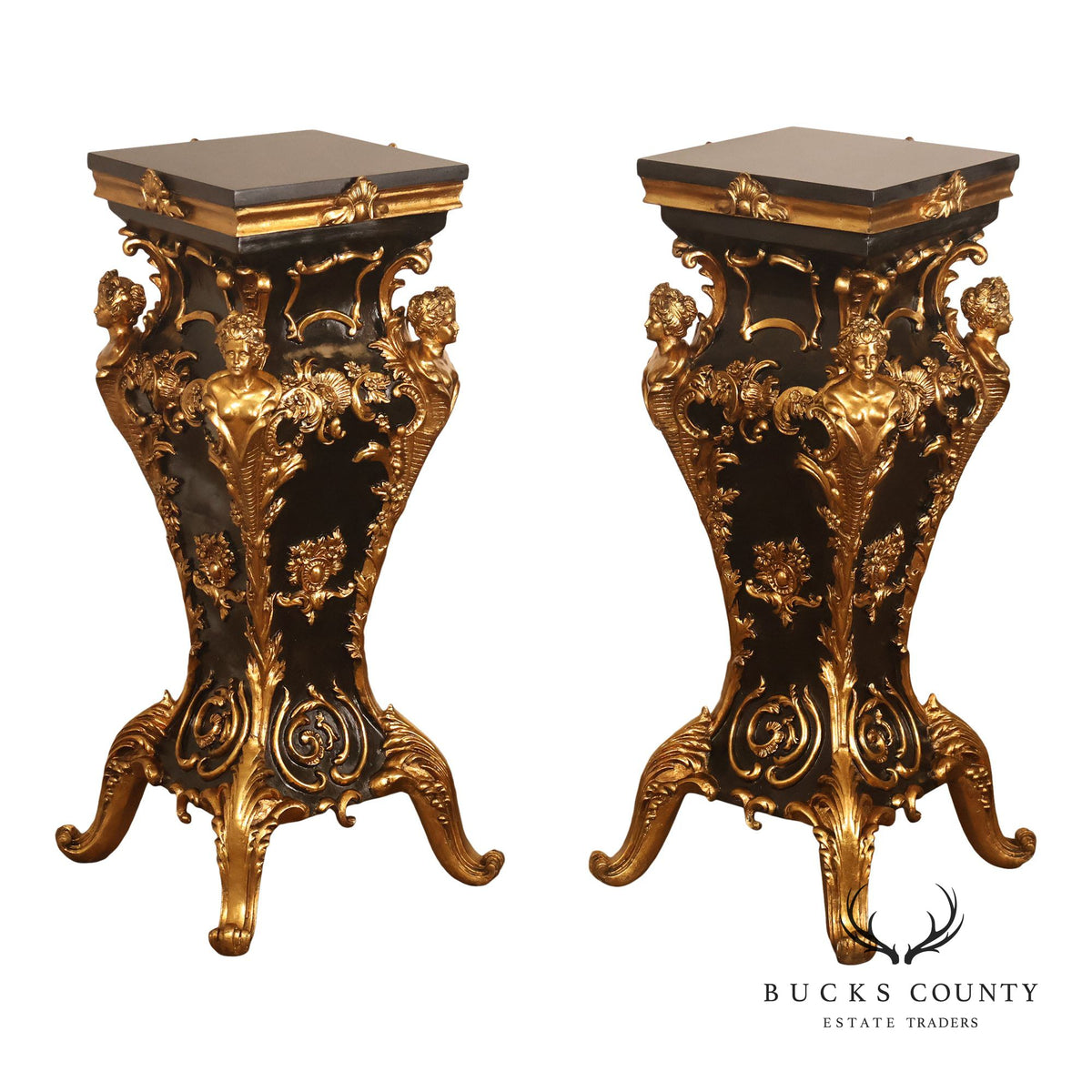 Italian Renaissance Style Pair of Slate Top Figural Carved Pedestals