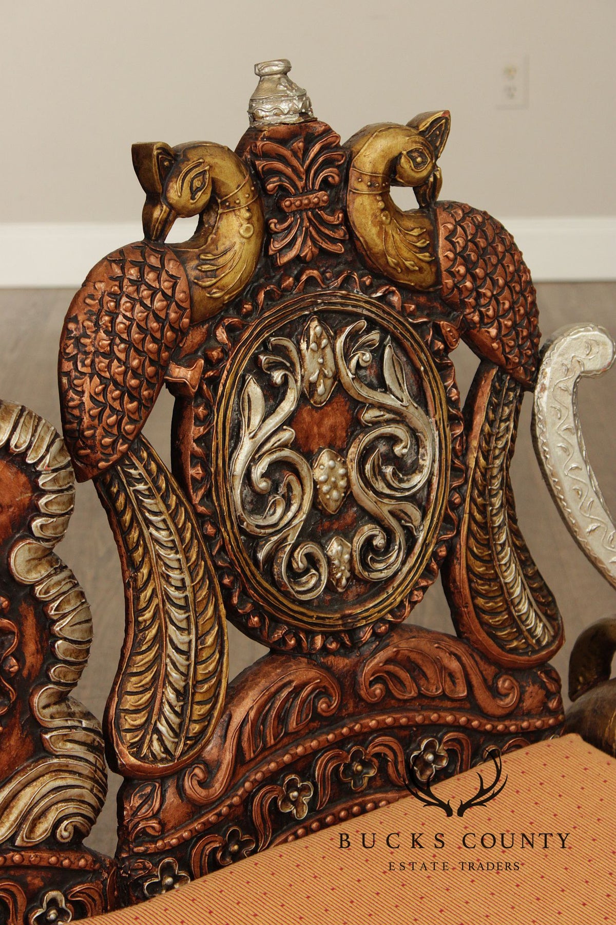 Hand Carved Painted And Gilt Lion And Peacock Motif Settee