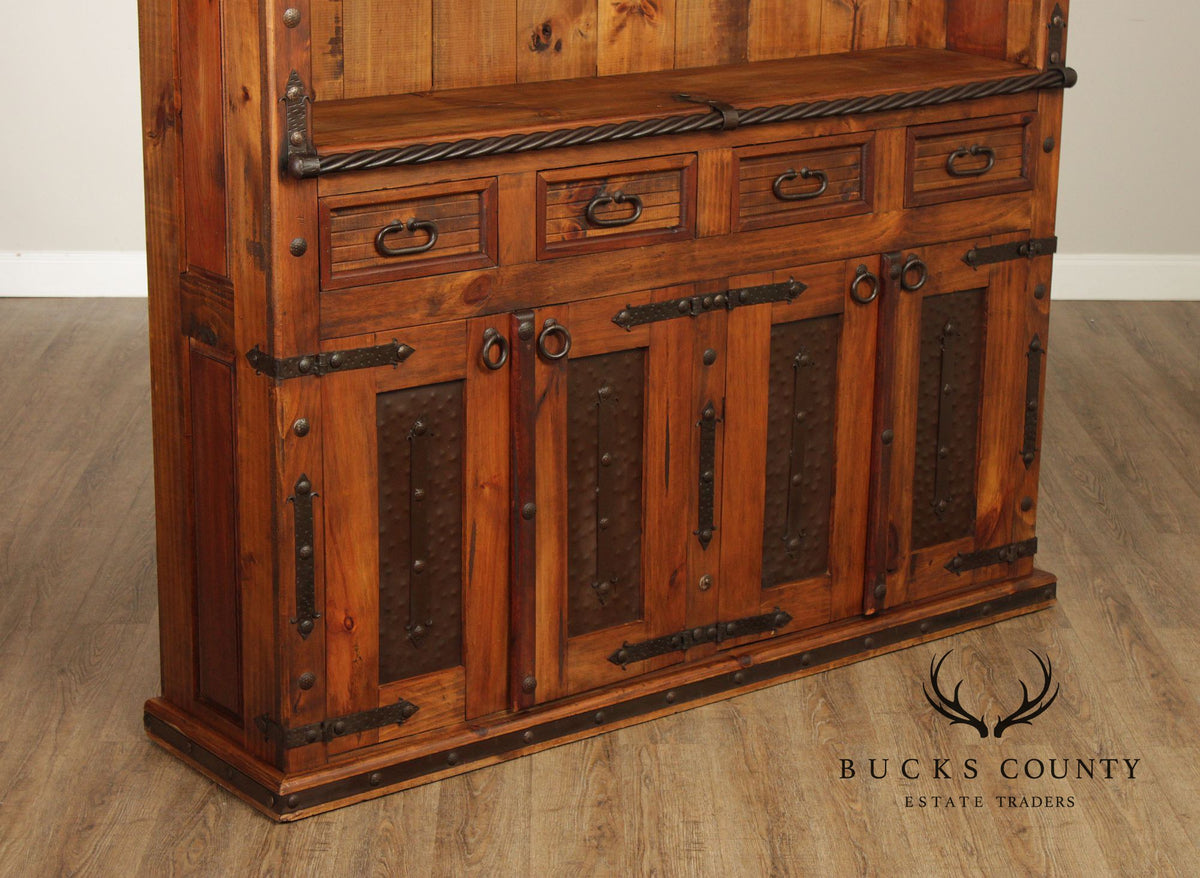 Rustic Spanish Colonial Style Pine Iron Mounted Sideboard Hutch