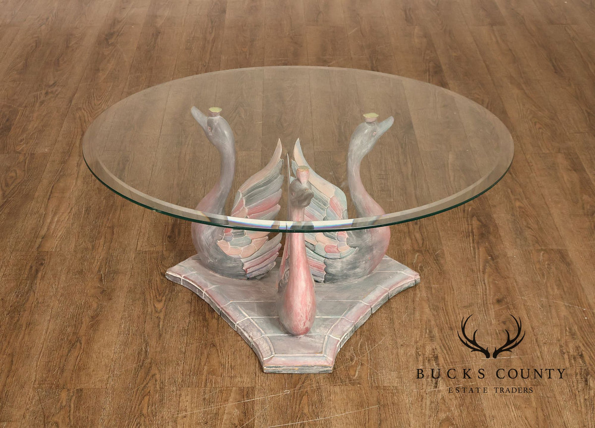 Hollywood Regency Style Swan Form Round Glass Top Center Table