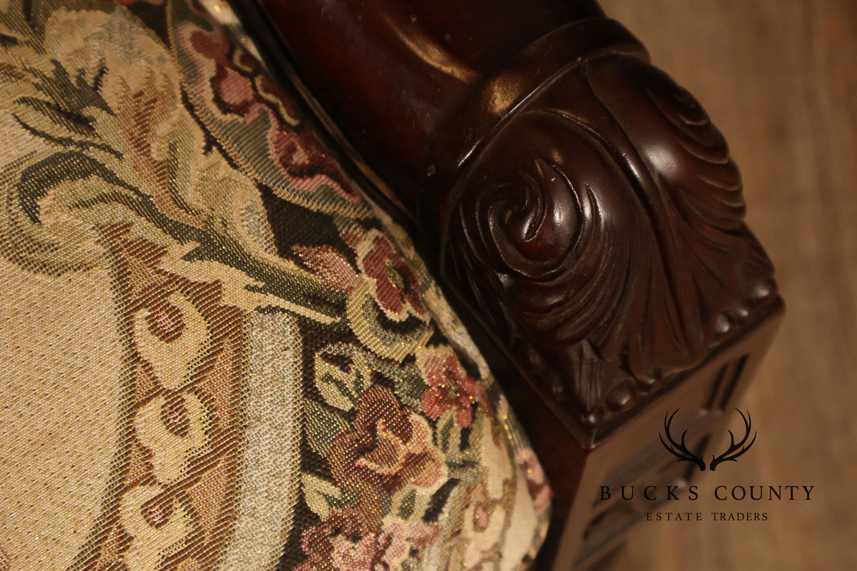 Pair Of Carved Mahogany Ram’s Head Upholstered Armchairs